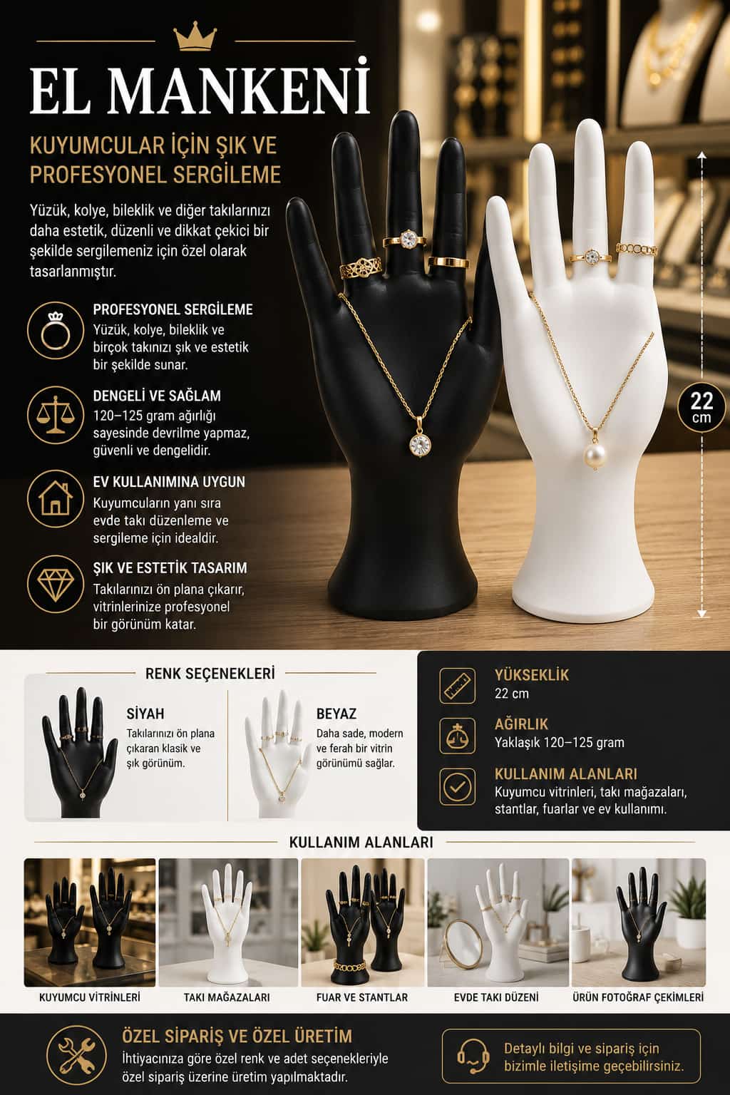 Kuyumcu El Mankeni 22 cm | Yüzük ve Kolye Sergileme Standı