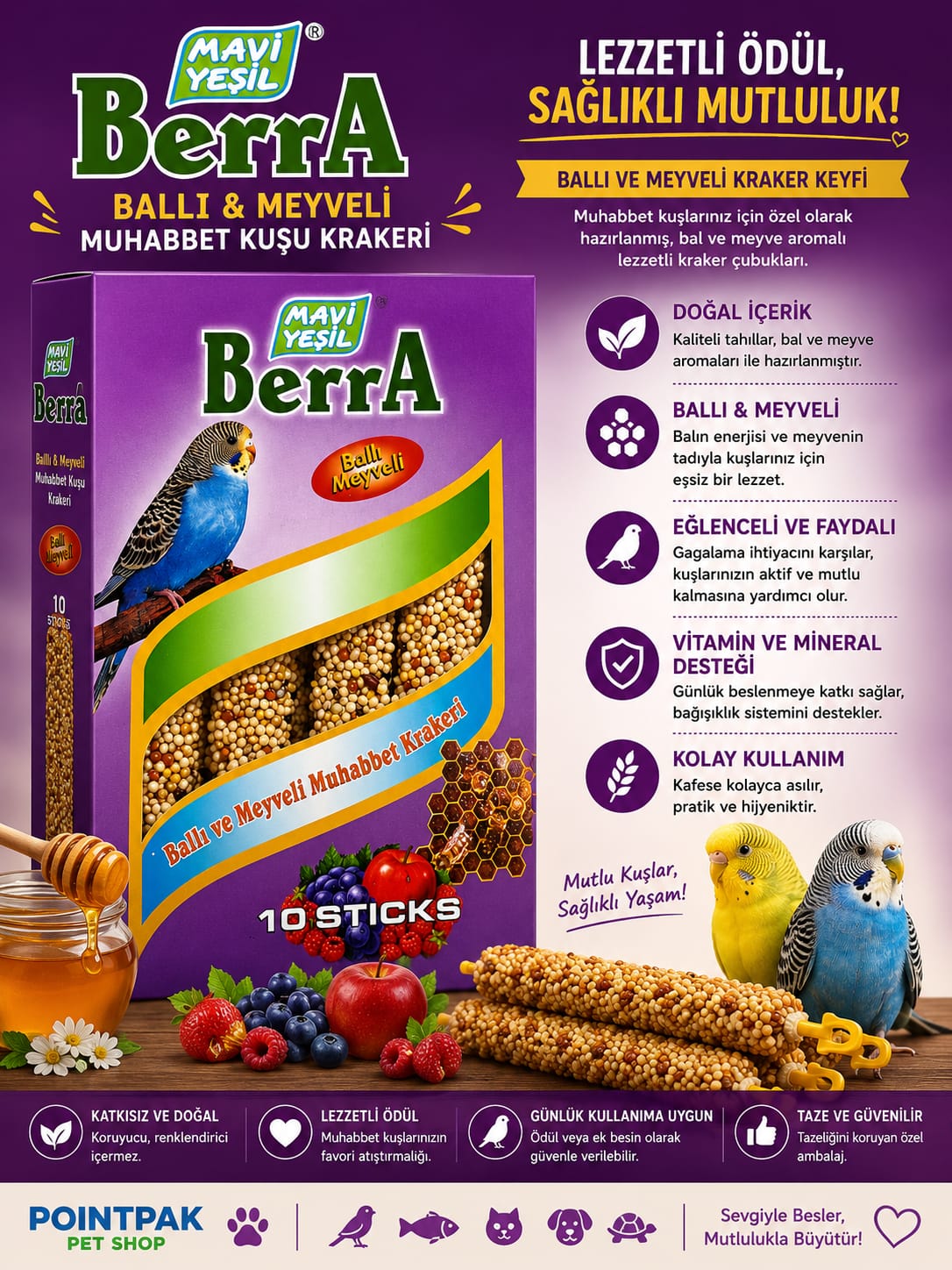 🐦 Mavi Yeşil Berra Ballı & Meyveli Muhabbet Kuşu Krakeri (10 Stick)