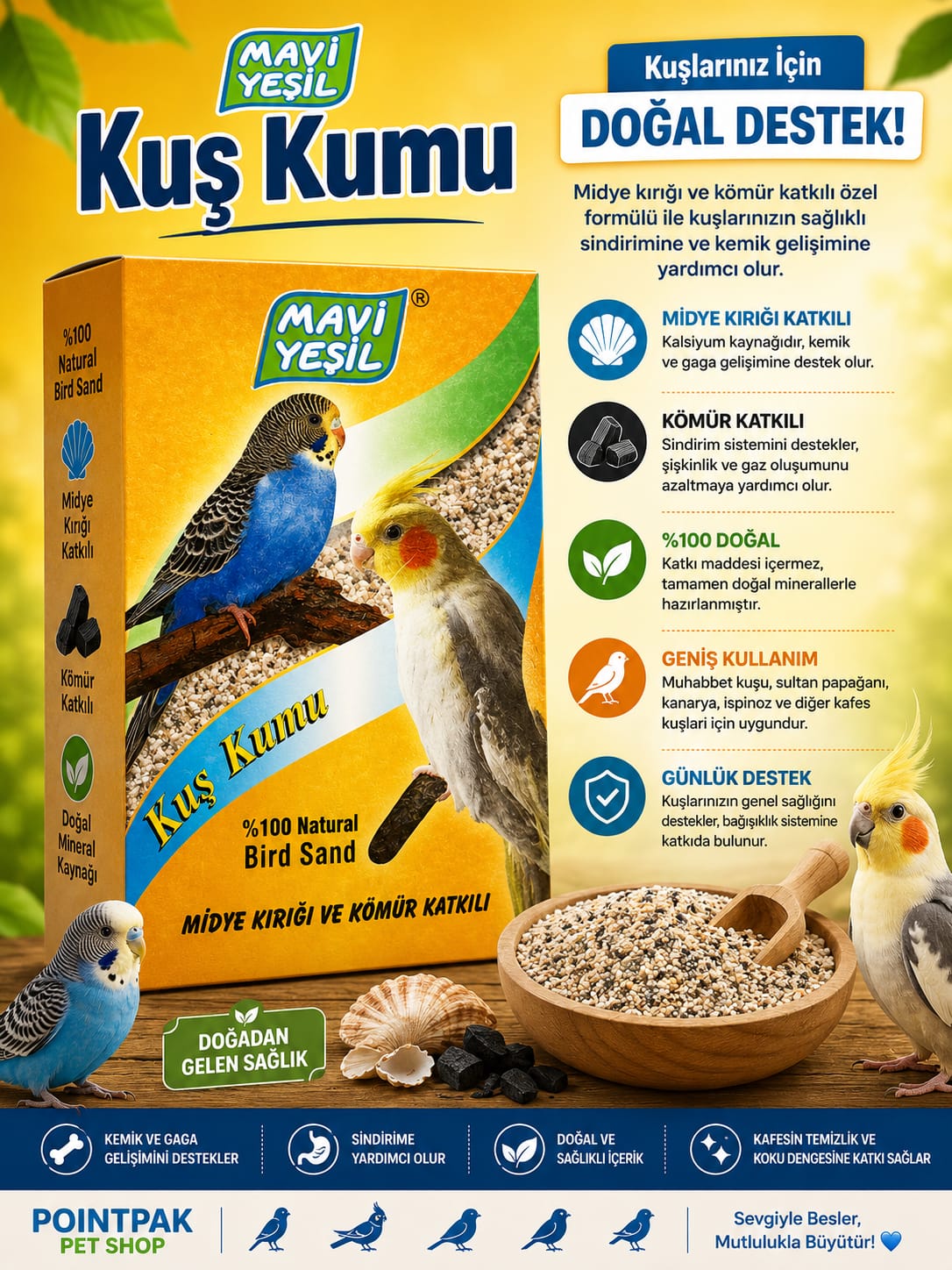 🐦 Mavi Yeşil Kuş Kumu – Midye Kırığı ve Kömür Katkılı