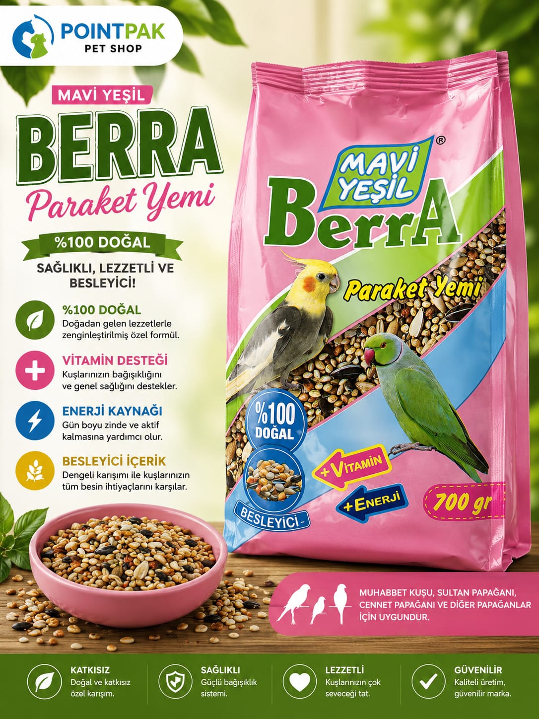 Mavi Yeşil Berra Paraket Yemi 700 GR