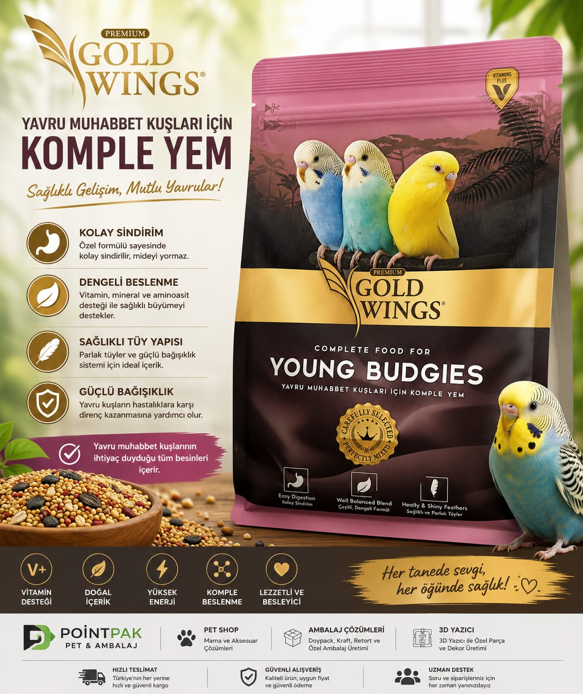 🐦 Gold Wings Young Budgies – Yavru Muhabbet Kuşu Yemi 1 KG 🐦
