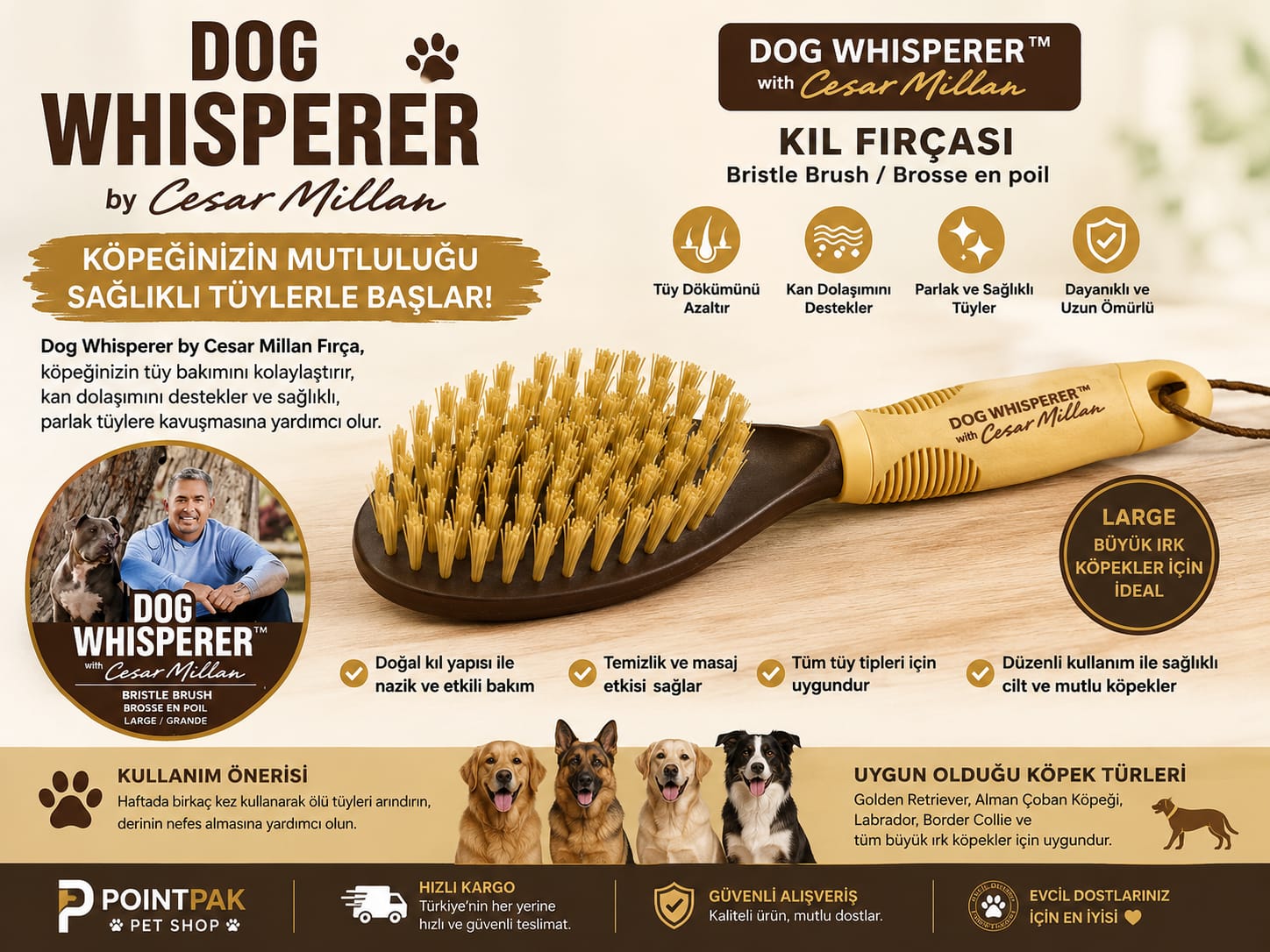 🐶 Dog Whisperer Cesar Millan Büyük Irk Köpek Fırçası