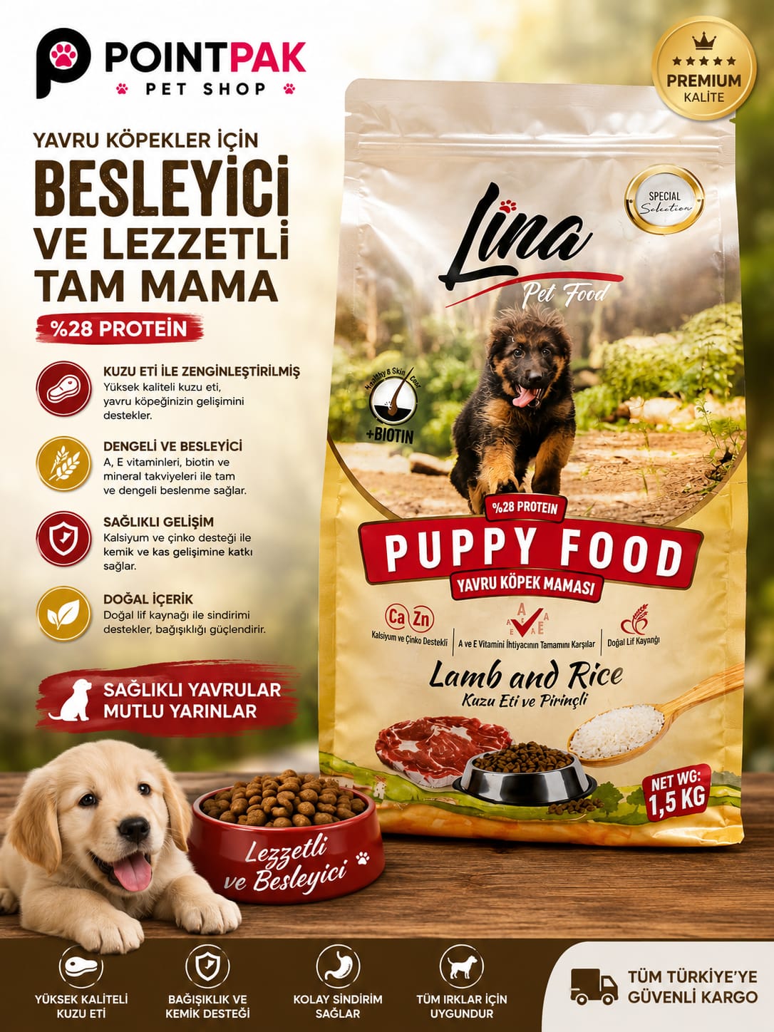 Lina Puppy Food Kuzu Etli & Pirinçli Yavru Köpek Maması 1,5 KG