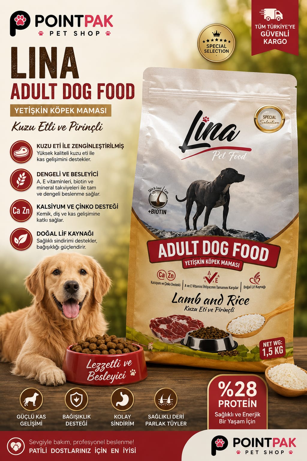 Lina Adult Dog Food Kuzu Etli & Pirinçli Yetişkin Köpek Maması 1,5 KG
