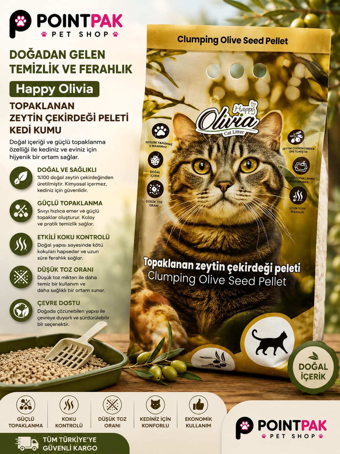 Happy Olivia Topaklanan Zeytin Çekirdeği Peleti Kedi Kumu 10 LT