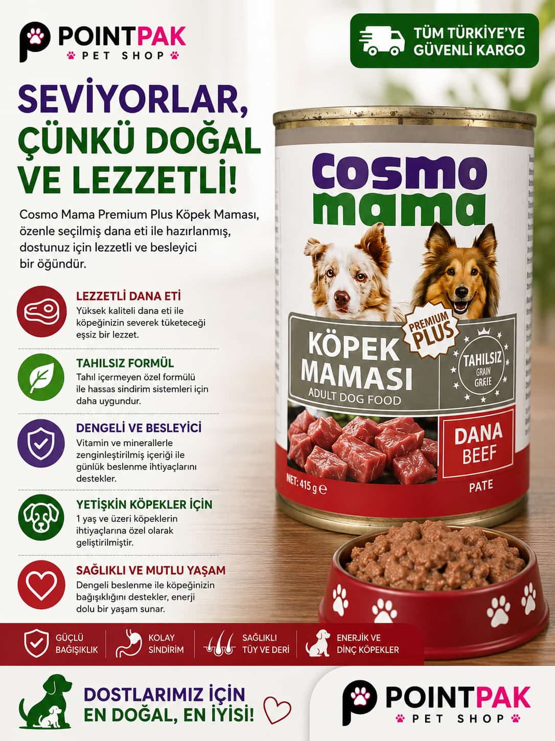 Cosmo Mama Premium Plus Dana Etli Yetişkin Köpek Konservesi 415 g