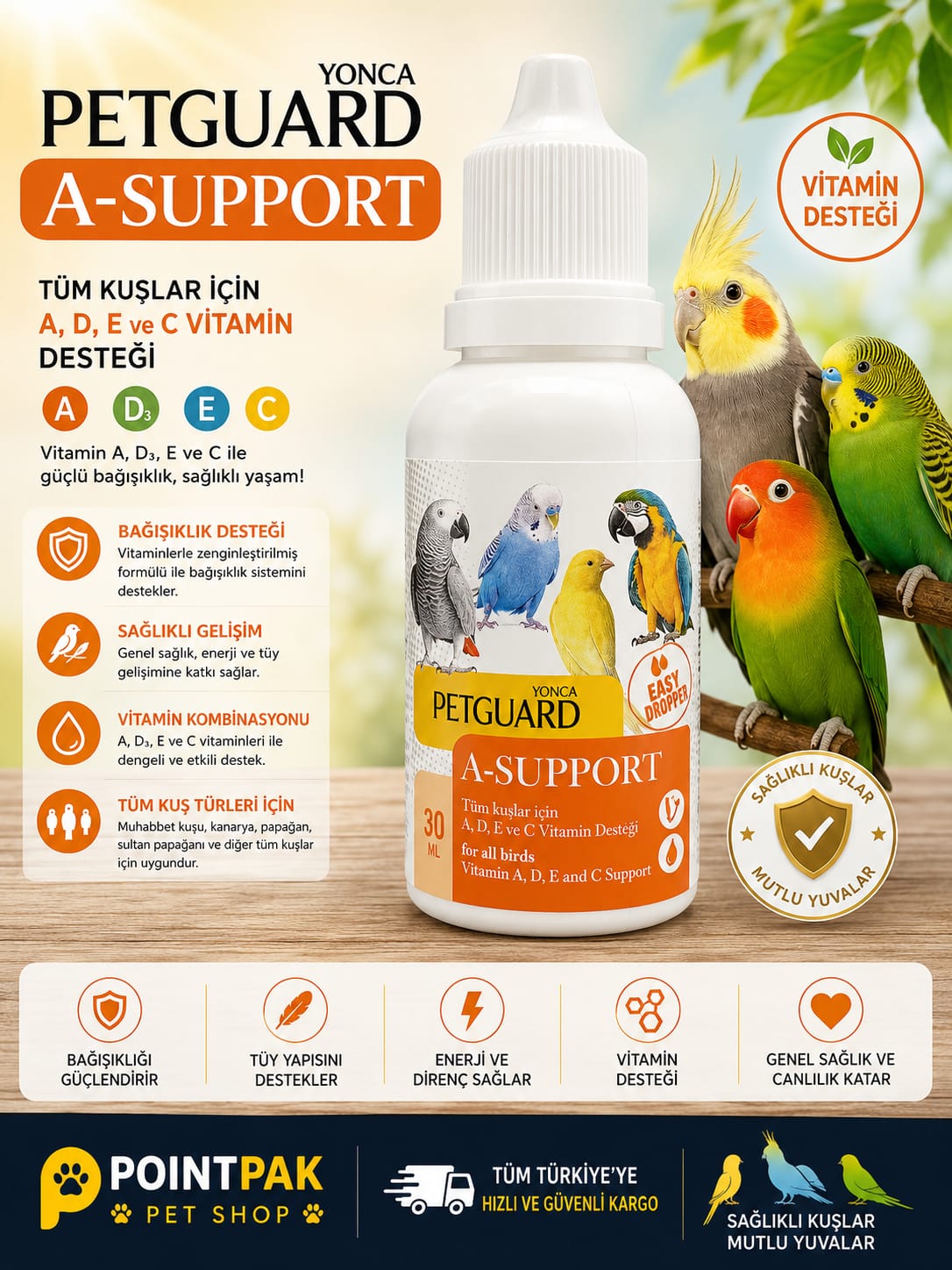 🐦 Yonca Petguard A-Support – Kuşlar İçin Vitamin Desteği (30 ml)