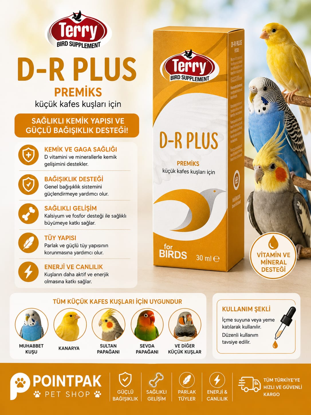 🐦 Terry D-R Plus – Kuşlar İçin Vitamin ve Mineral Desteği (30 ml)