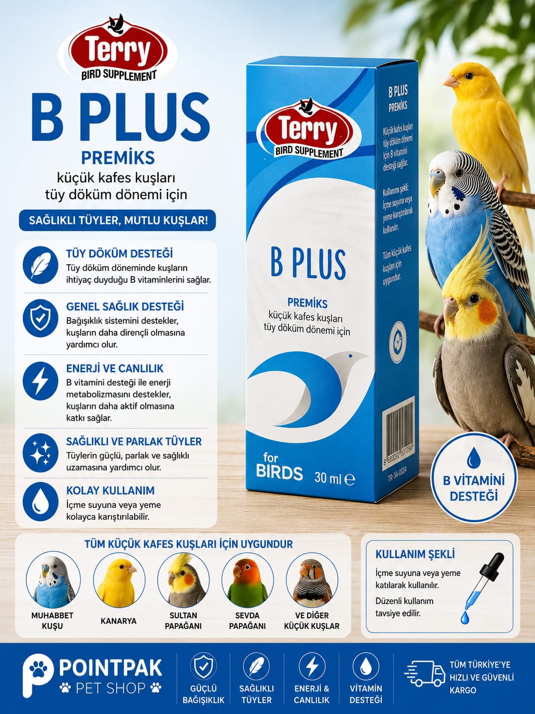 🐦 Terry B Plus – Tüy Dönemi İçin Kuş Vitamini (30 ml)