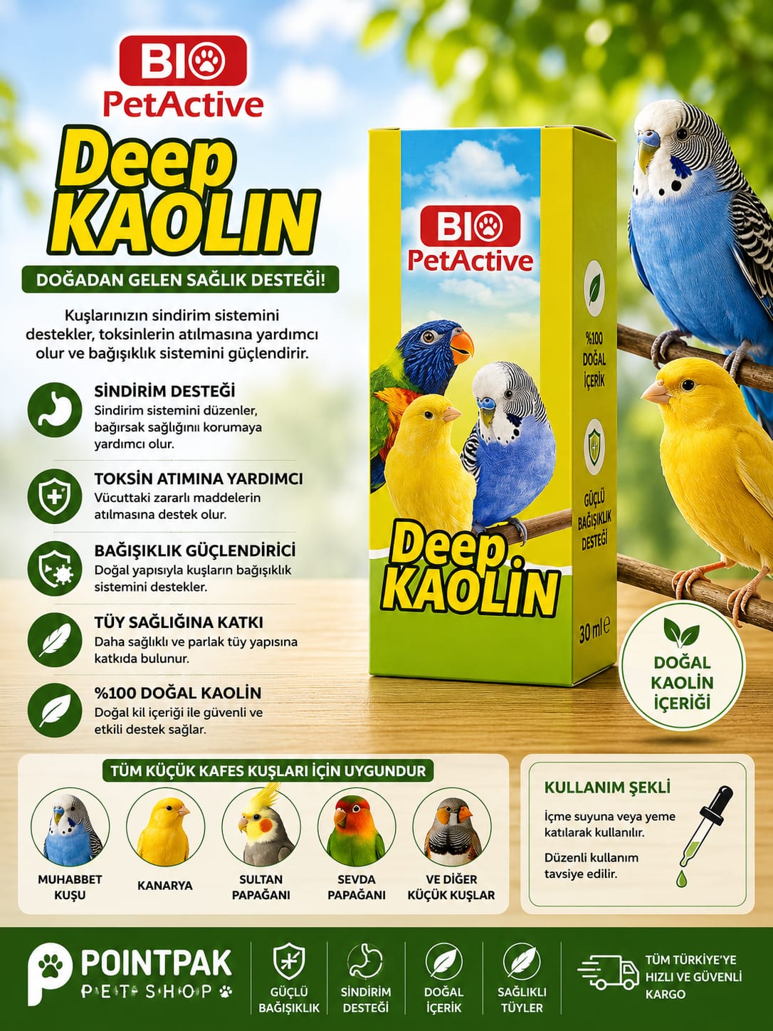 Bio PetActive Deep Kaolin Doğal Sindirim Destekleyici Kuş Takviyesi 30 ml