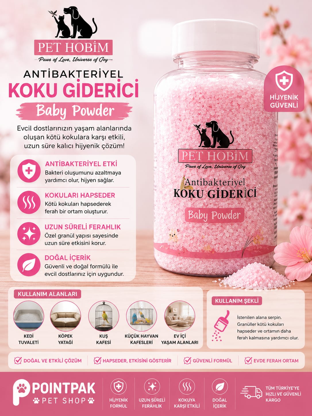 Pet Hobim Antibakteriyel Koku Giderici Granül – Baby Powder Kokulu