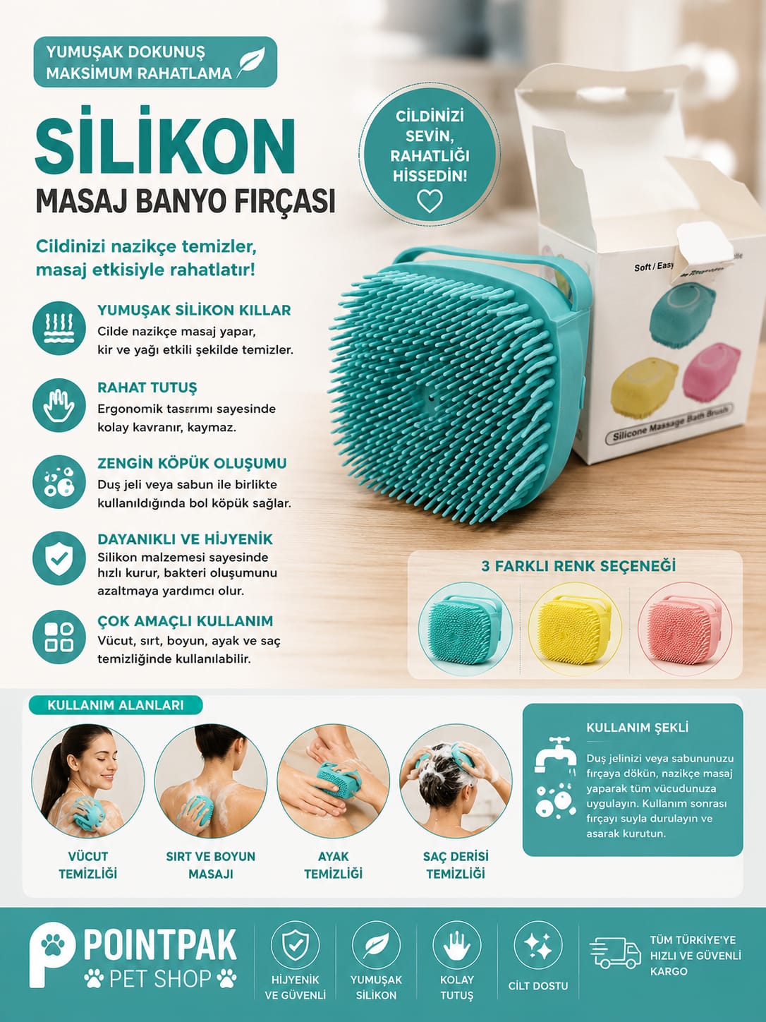 Silikon Masaj ve Banyo Fırçası – Evcil Hayvanlar İçin Yumuşak Bakım