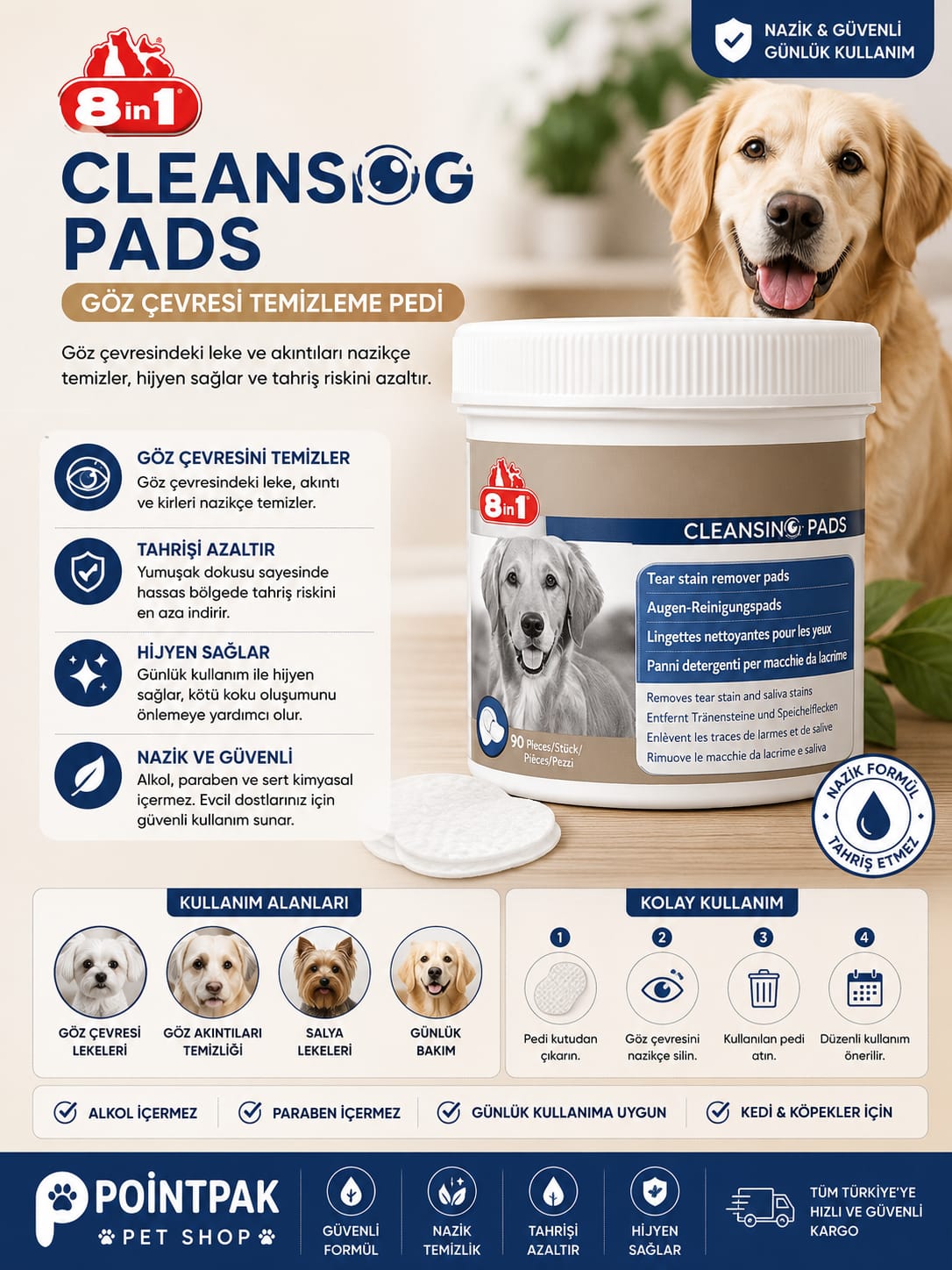 8in1 Cleansing Pads Köpekler İçin Göz Çevresi Temizleme Pedi 90 Adet