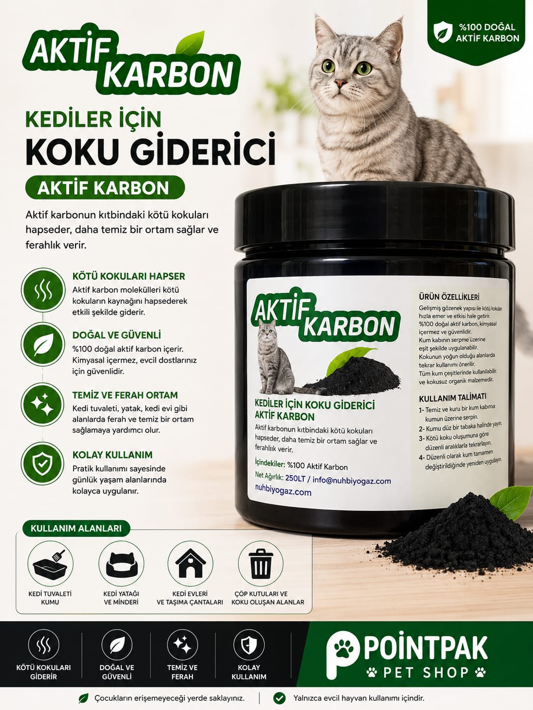 Aktif Karbon Kedi Tuvaleti Koku Giderici Doğal Aktif Karbon