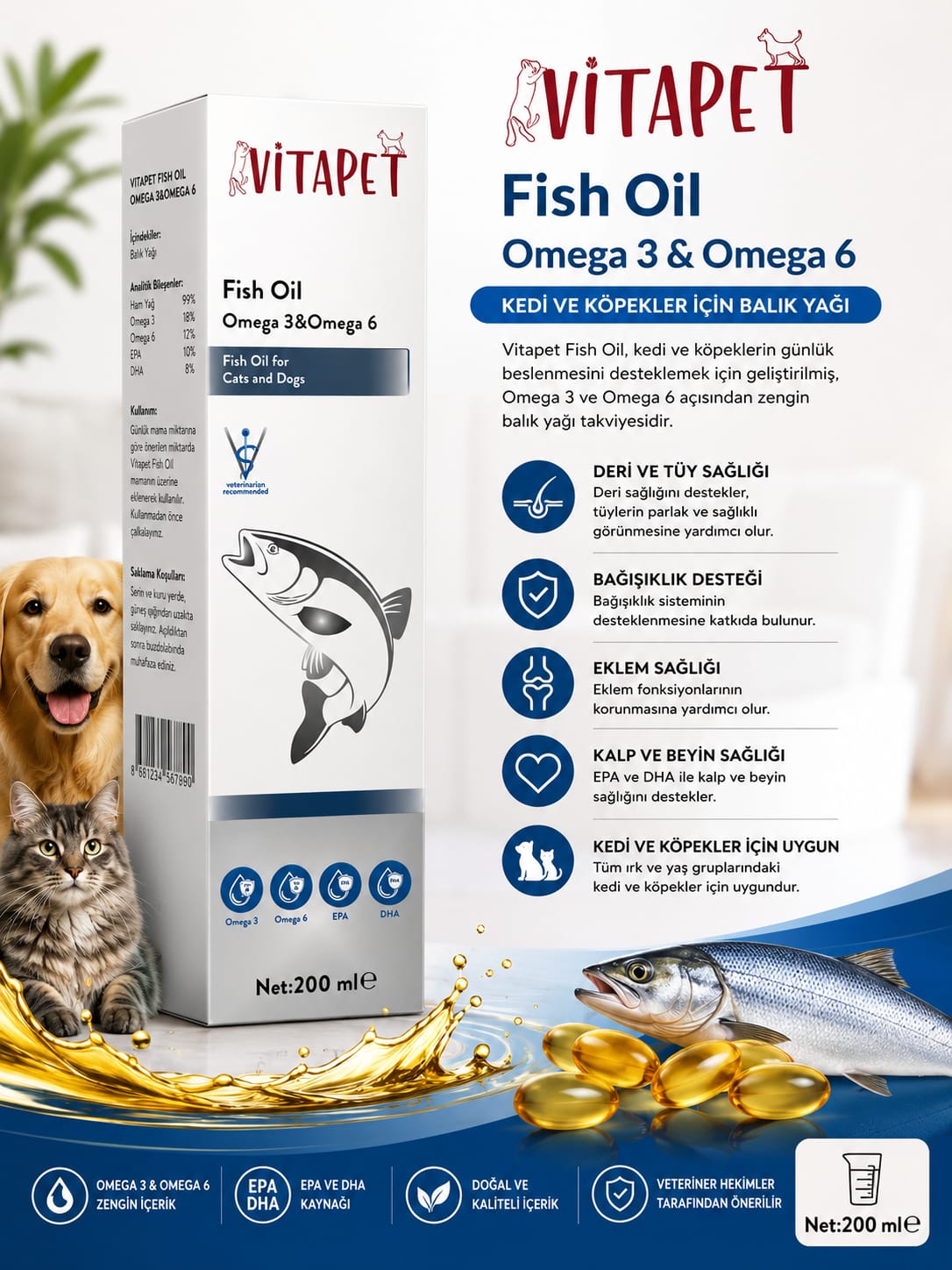 Vitapet Fish Oil Omega 3 & Omega 6 Kedi ve Köpek Balık Yağı 200 ml