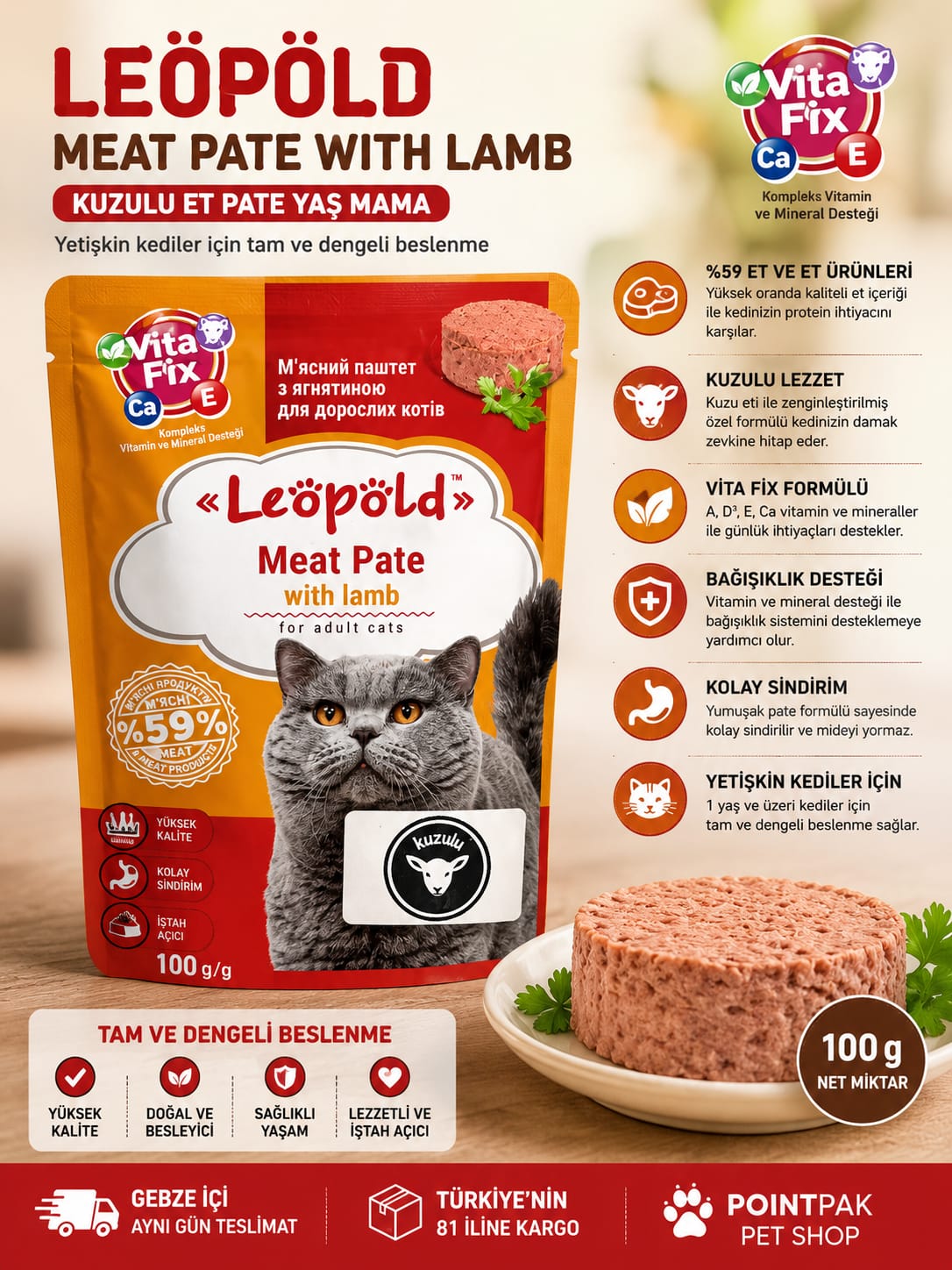 Leöpöld Kuzulu Pate Yaş Kedi Maması 100 g