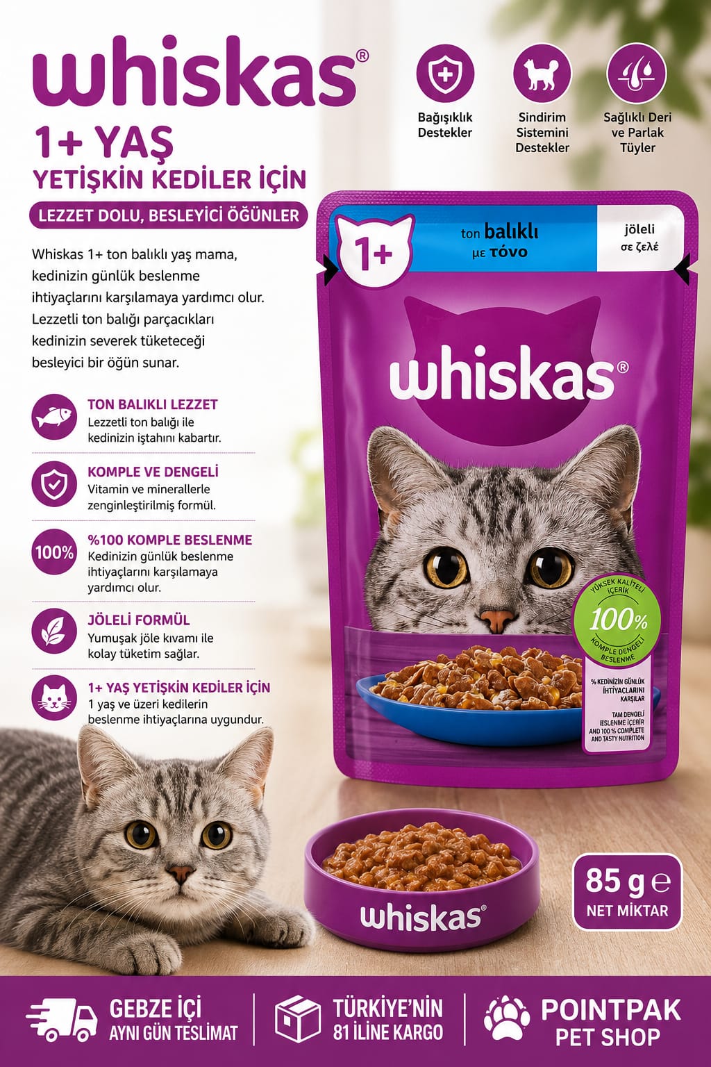 🐱 Whiskas 1+ Ton Balıklı Jöleli Yaş Kedi Maması