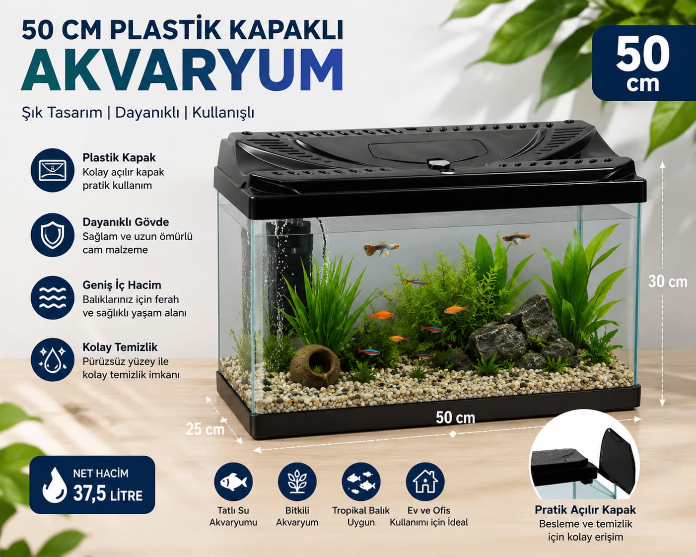 50 cm Plastik Kapaklı Akvaryum
