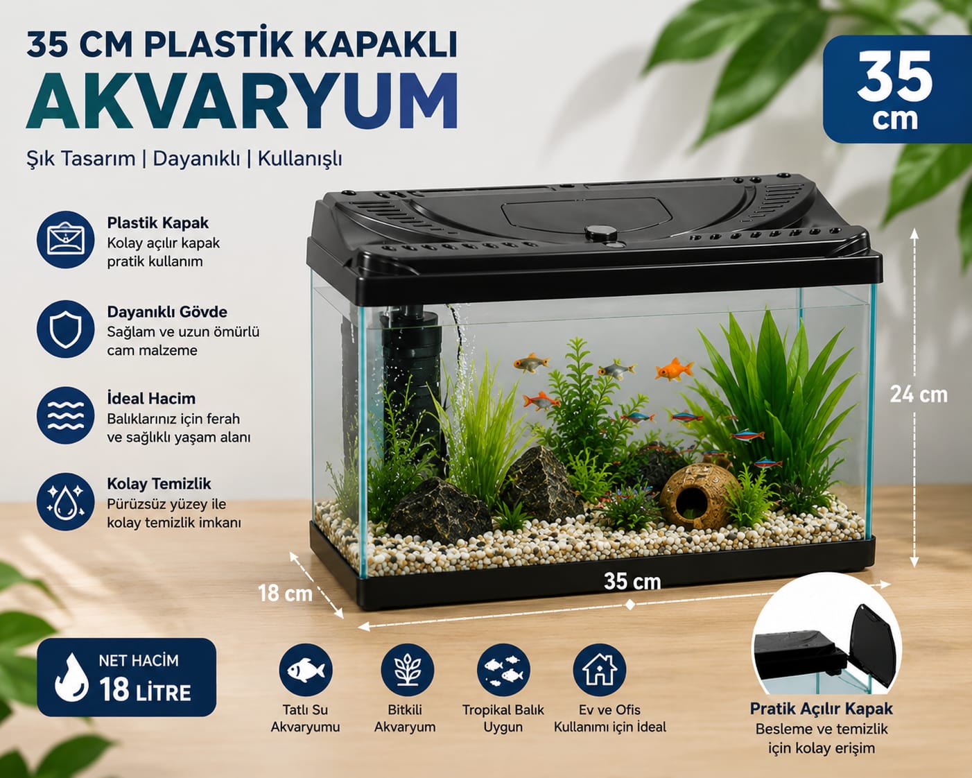 35 cm Plastik Kapaklı Akvaryum