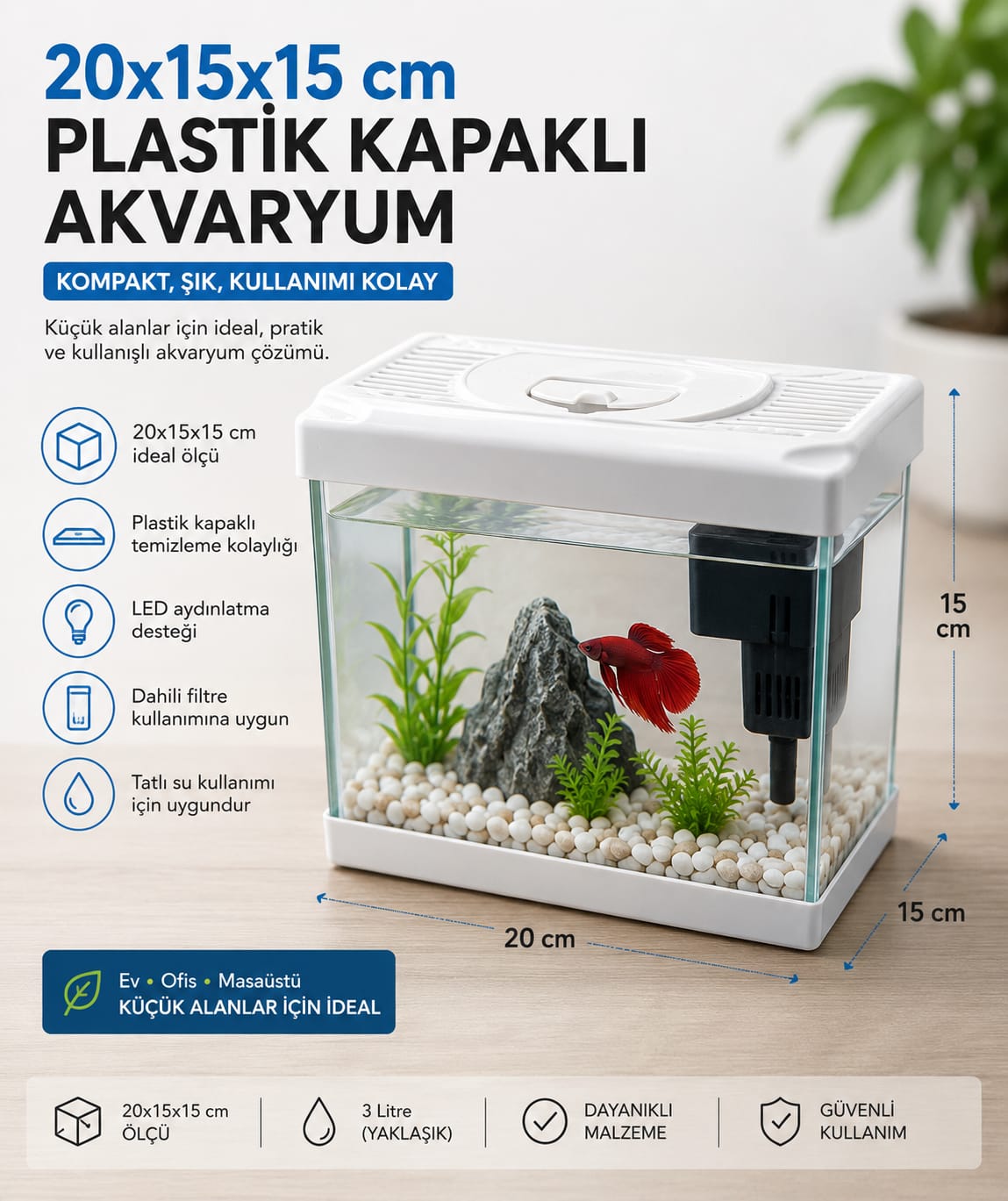 20x15x15 cm Plastik Kapaklı Akvaryum