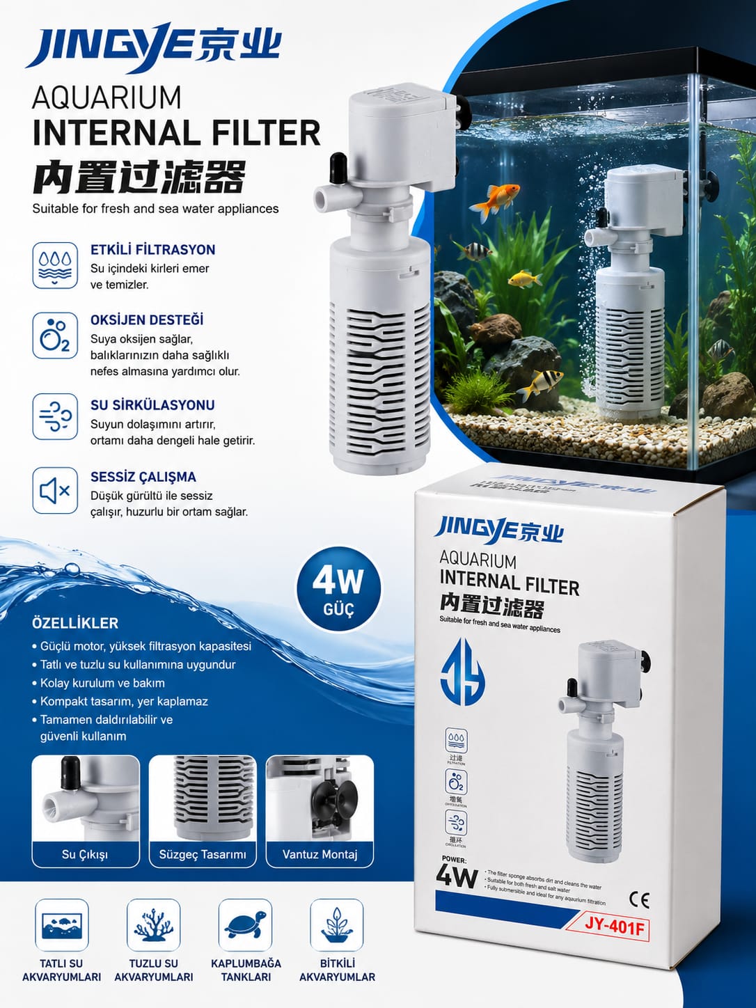 JINGYE JY-401F Akvaryum İç Filtre – 4W
