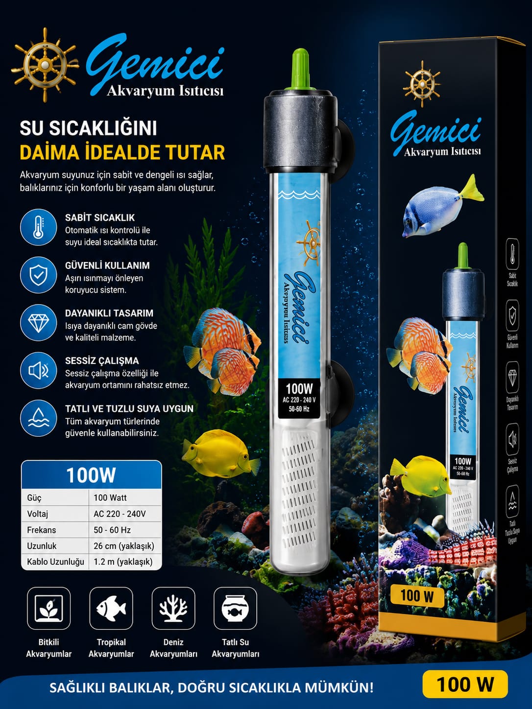 Gemici Akvaryum Isıtıcısı 100W