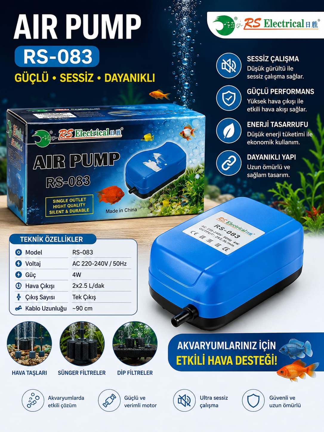 RS Electrical RS-083 Akvaryum Hava Motoru (Tek Çıkış)