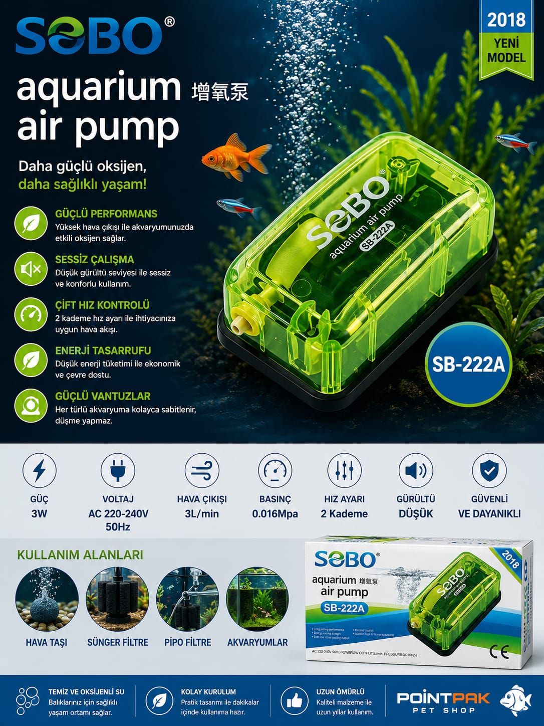 SOBO SB-222A Akvaryum Hava Motoru – 3W