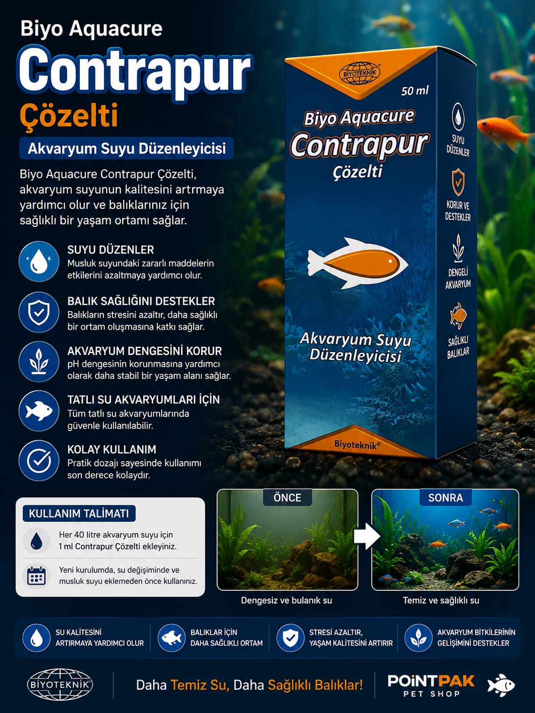 Biyo Aquacure Contrapur Çözelti 50 ml – Akvaryum Suyu Düzenleyicisi