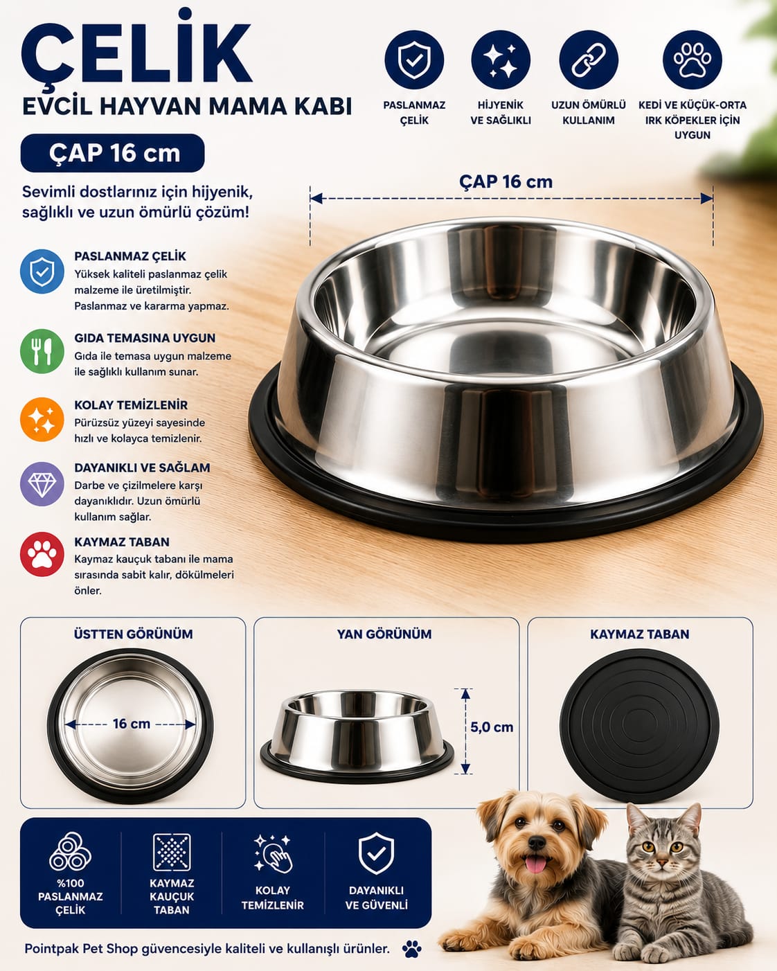 Çap 16 cm Kaymaz Tabanlı Paslanmaz Çelik Mama Kabı