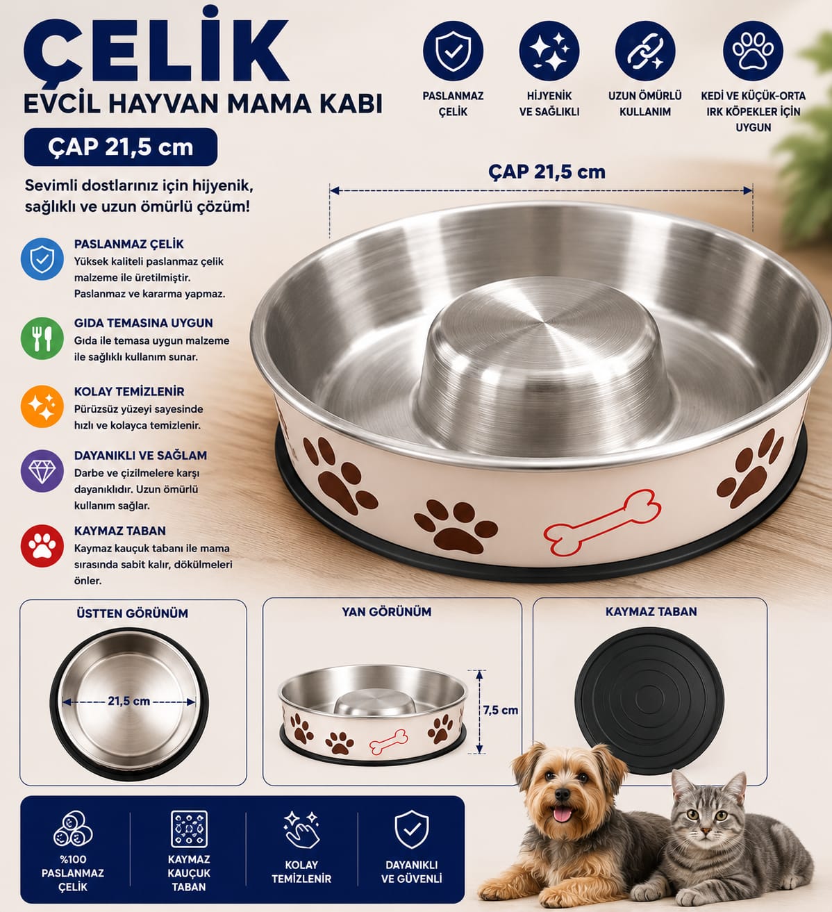 Çap 21,5 cm Çelik Yavaş Yeme Mama Kabı