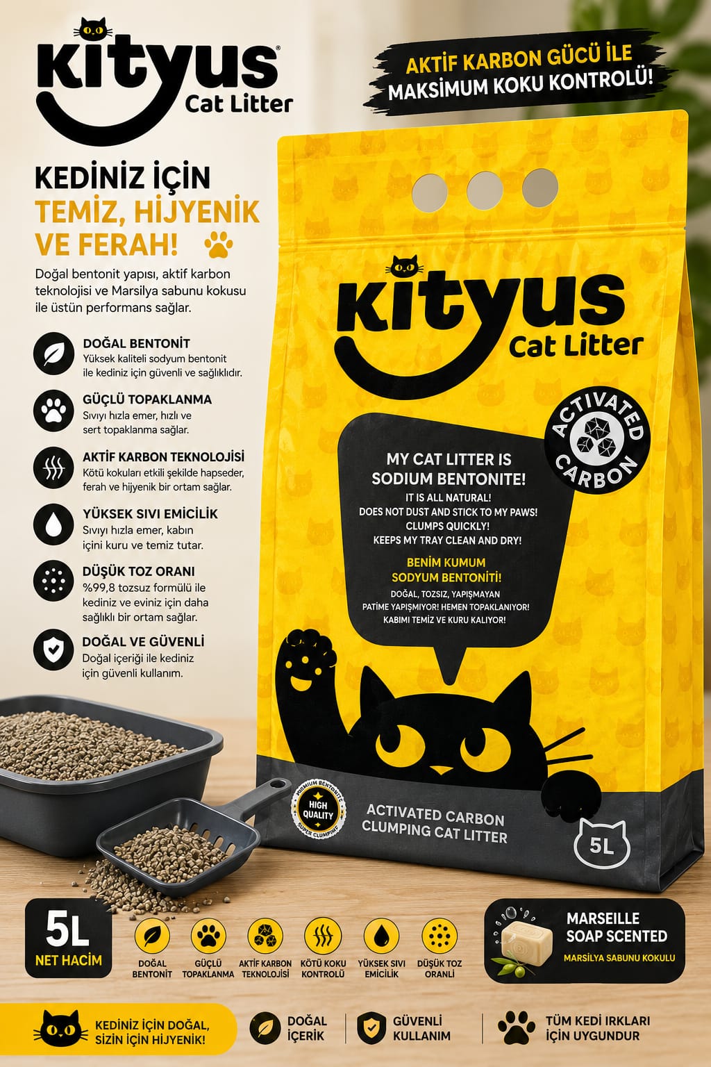 Kityus Cat Litter Active Carbon 5L Aktif Karbonlu Kedi Kumu