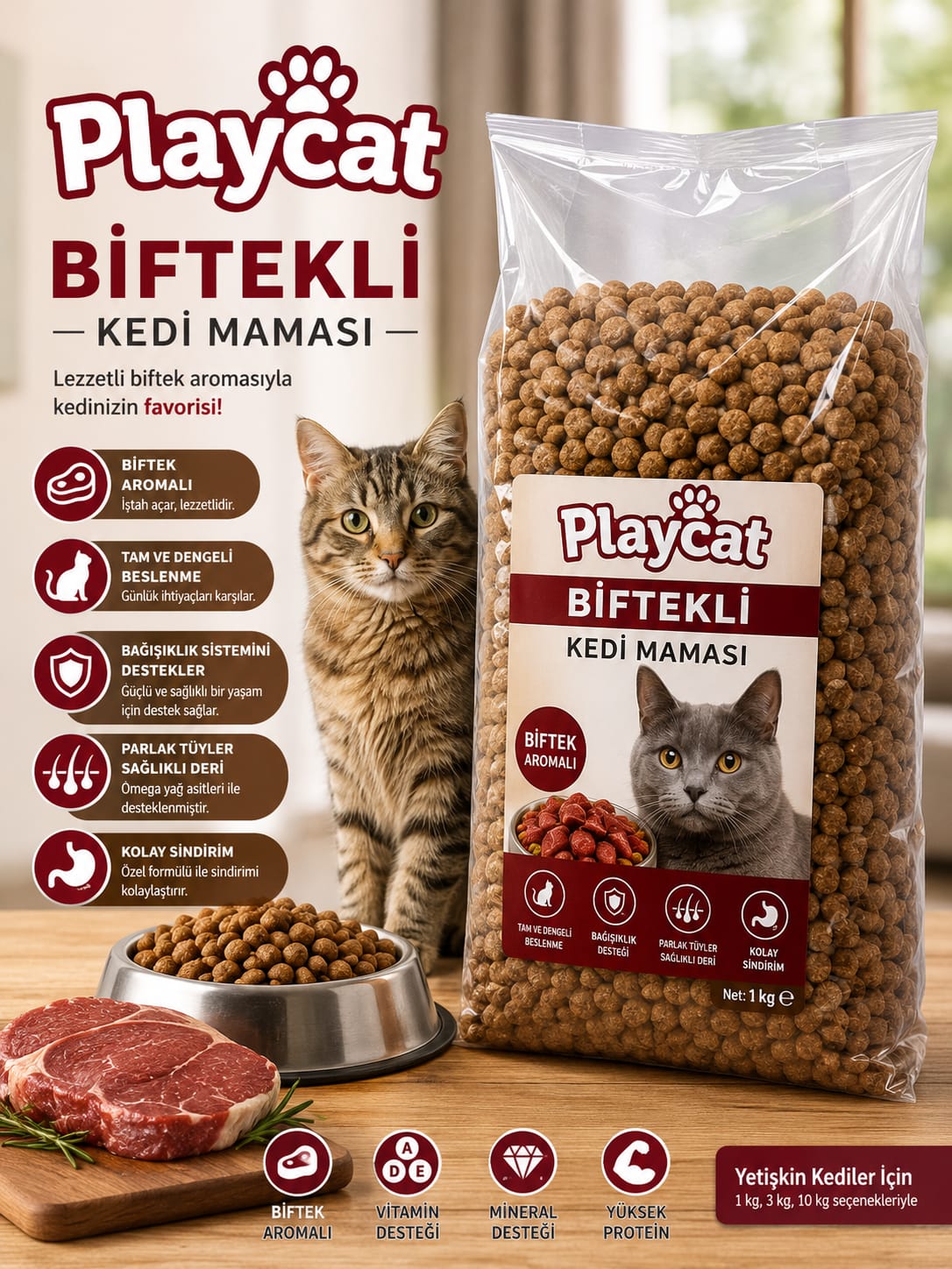 🐱 Playcat Biftekli Kedi Maması 1 KG