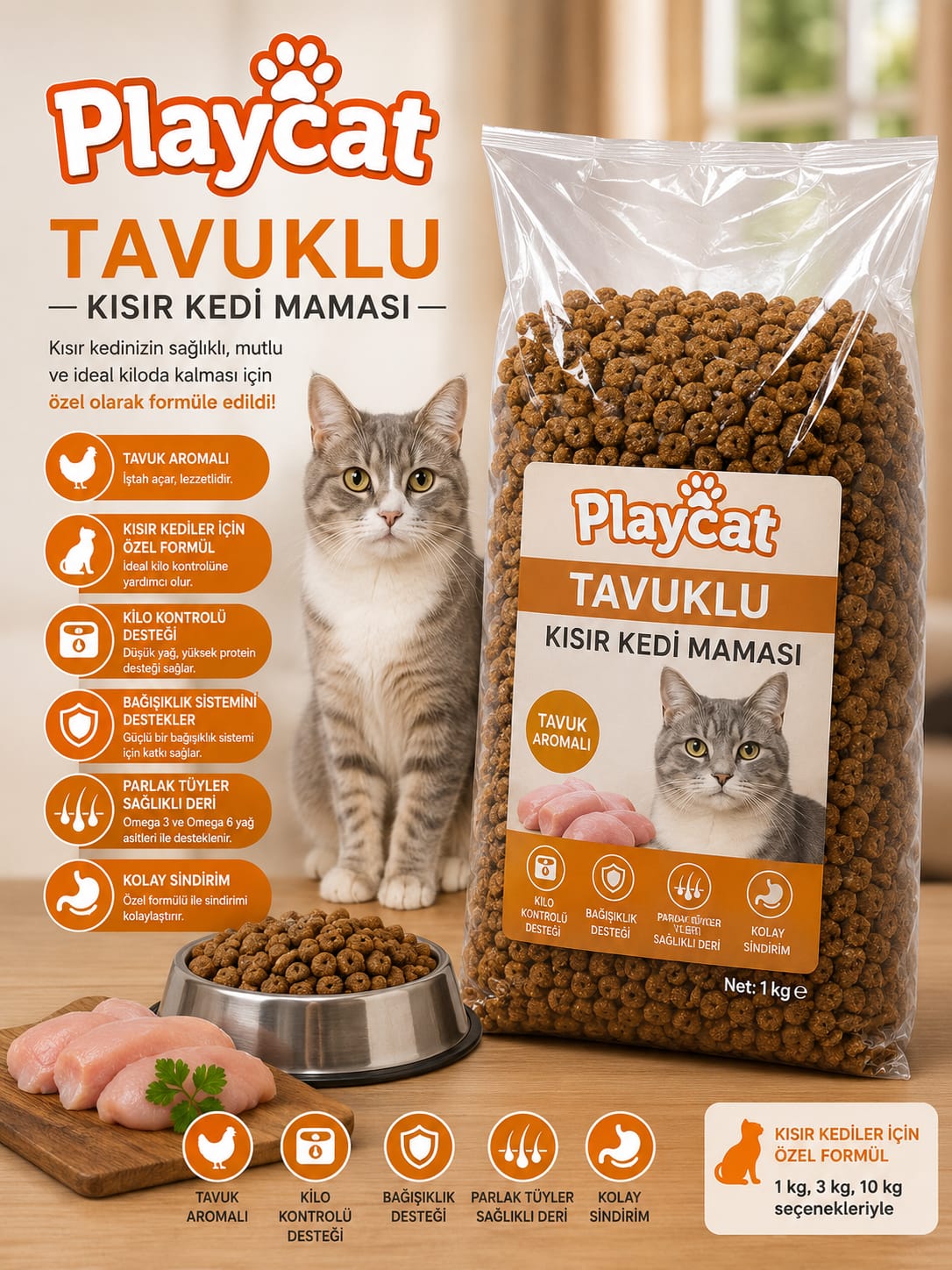 🐱 Playcat Tavuklu Kısır Kedi Maması 1 KG