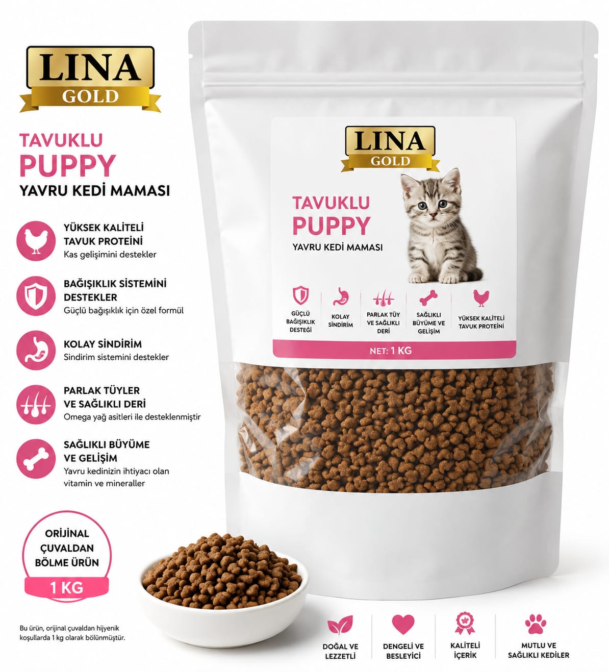 Lina Gold Tavuklu Puppy (Yavru Kedi) Maması – 1 KG (Çuvaldan Bölme)