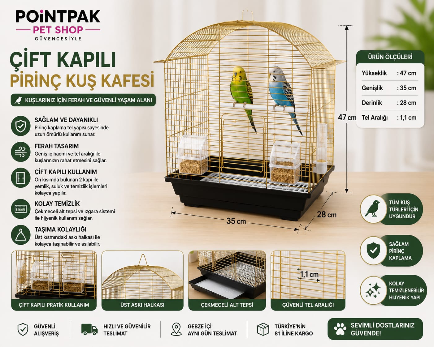 Çift Kapılı Pirinç Kuş Kafesi 🐦