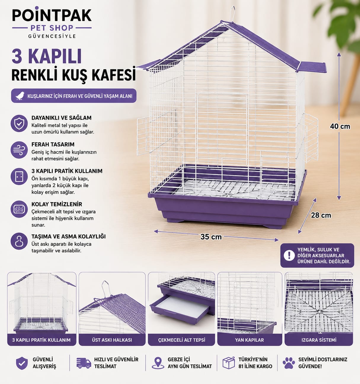 3 Kapılı Renkli Kuş Kafesi 🐦