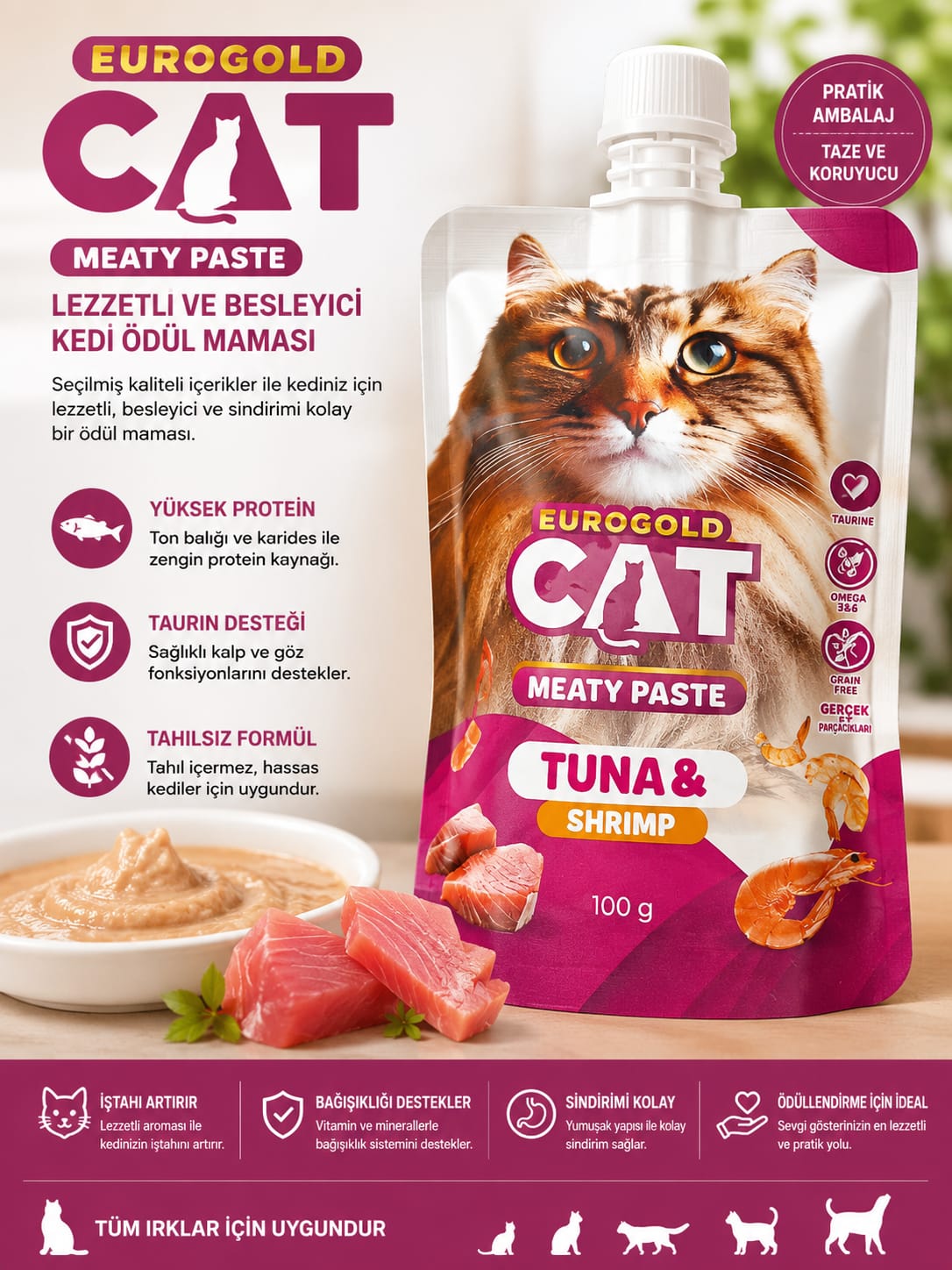 🐱 Eurogold Cat Meaty Paste Ton Balıklı & Karidesli Kedi Ödül Maması – 100 g 🐱
