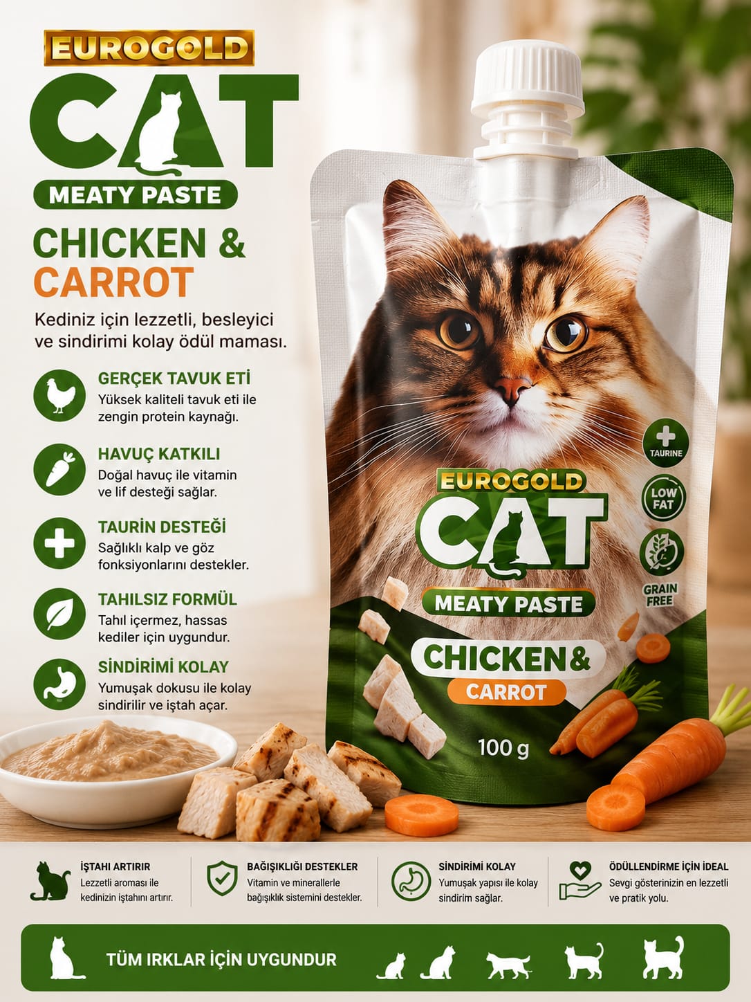 🐱 Eurogold Cat Meaty Paste Tavuklu & Havuçlu Kedi Ödül Maması – 100 g 🐱