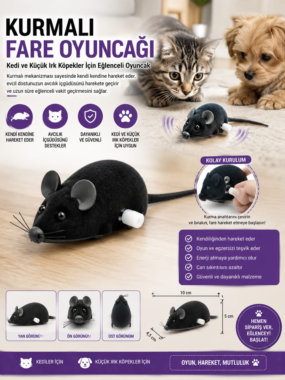 Kurmalı Fare Oyuncağı (Kedi ve Küçük Irk Köpekler İçin)