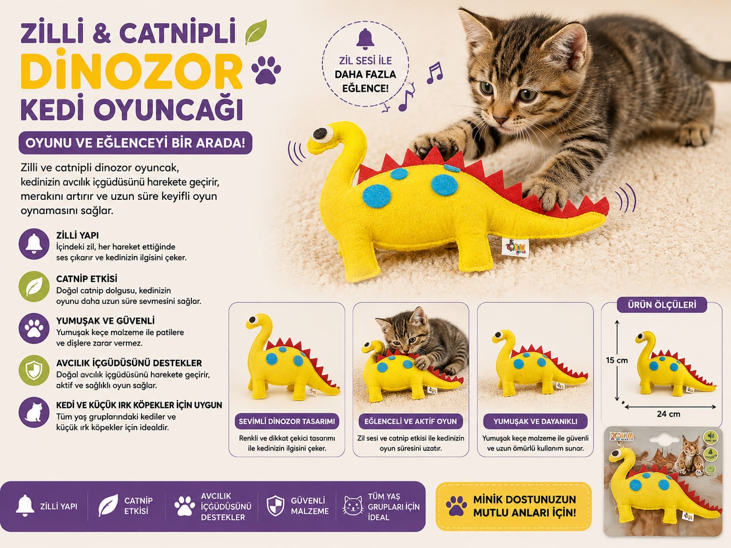 Zilli Catnipli Dinozor Kedi Oyuncağı