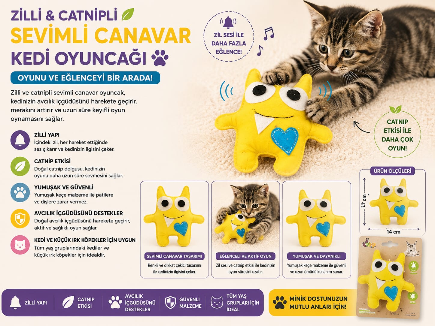 Zilli Catnipli Canavar Kedi Oyuncağı
