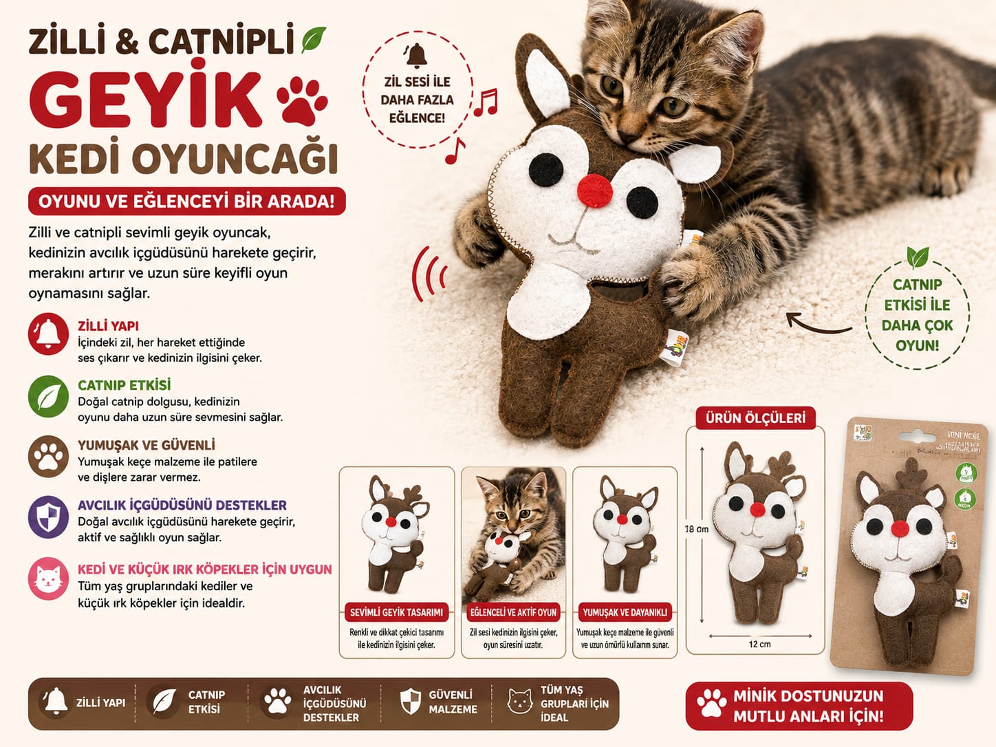 Zilli Catnipli Geyik Kedi Oyuncağı