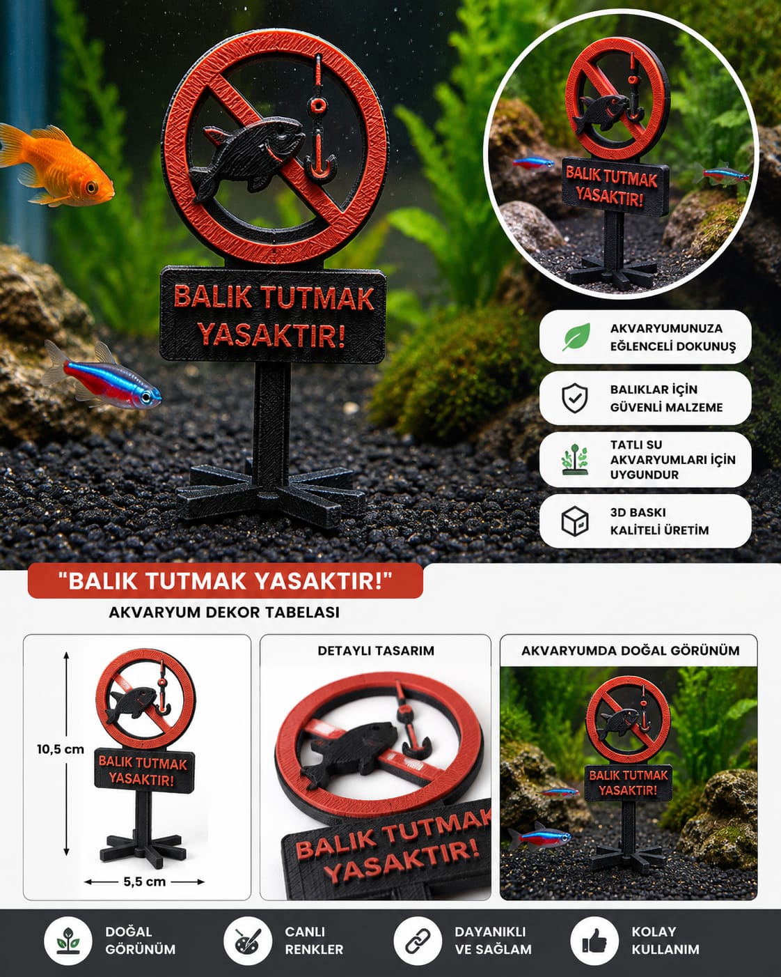 Balık Tutmak Yasaktır Akvaryum Dekor Tabelası (3D Baskı)