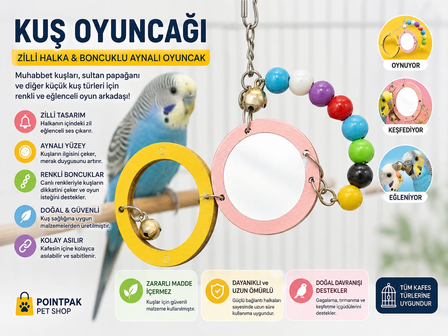 Renkli Aynalı ve Zilli Kuş Oyuncağı