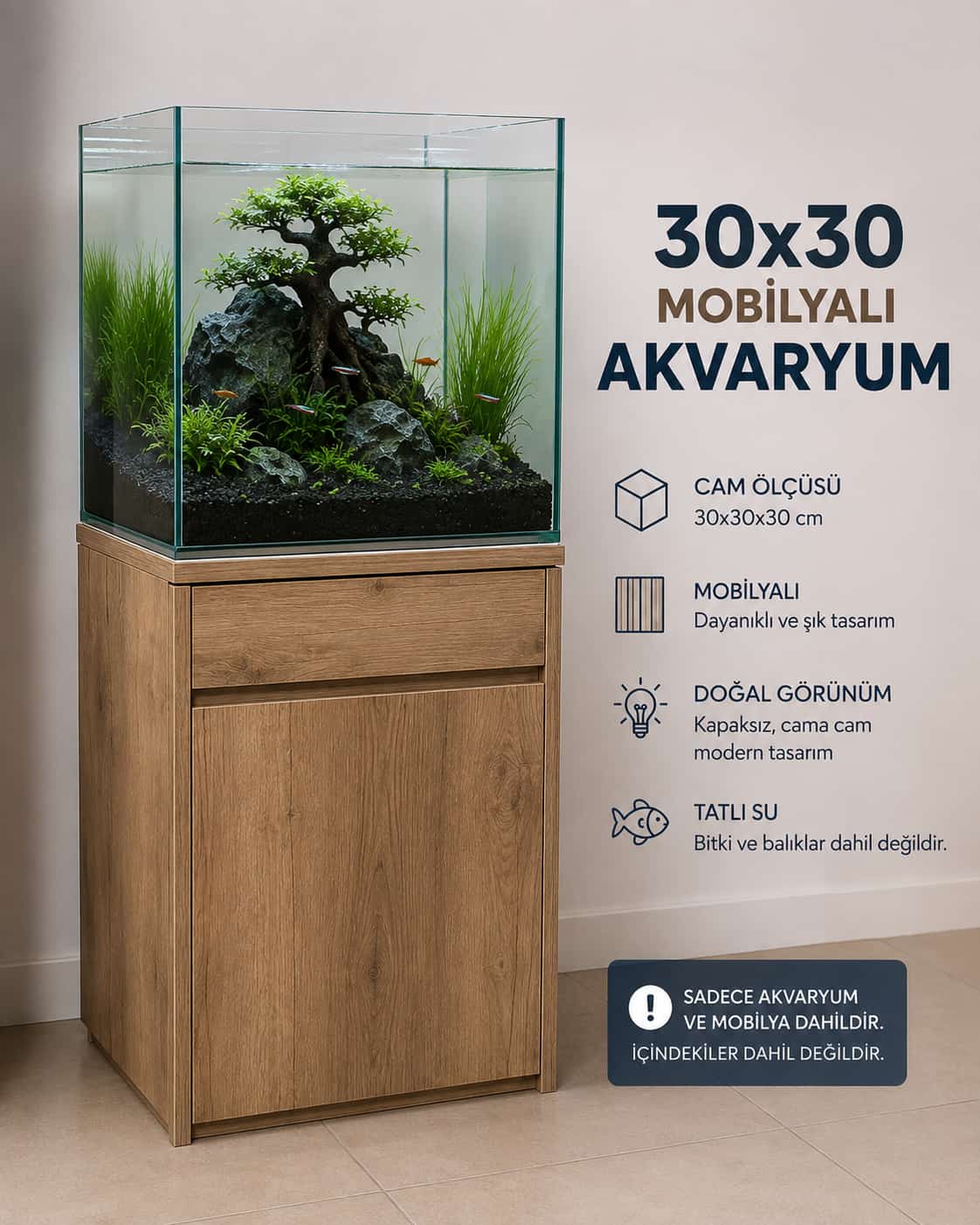 30x30 Mobilyalı Cama Cam Akvaryum