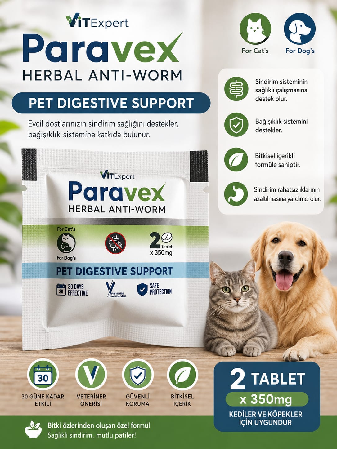 ViTExpert Paravex Herbal Anti-Worm – Kedi ve Köpekler İçin Bitkisel Destek (2 Tablet)