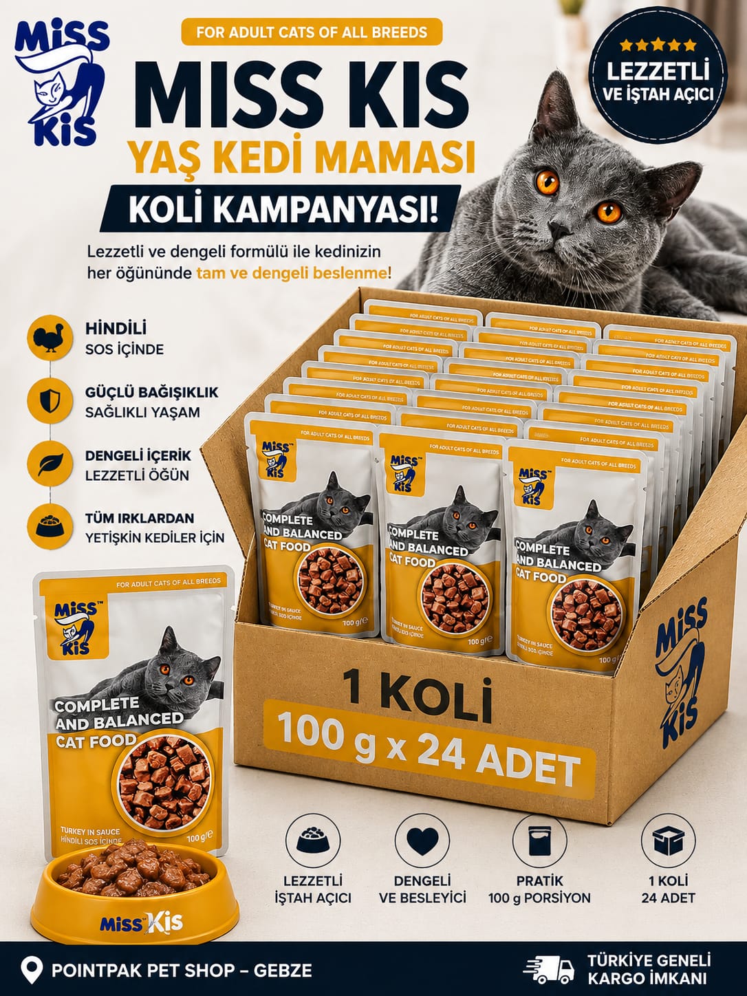 Miss Kis Hindili Yaş Kedi Maması – 100 g x 24 Adet Koli Kampanyası!