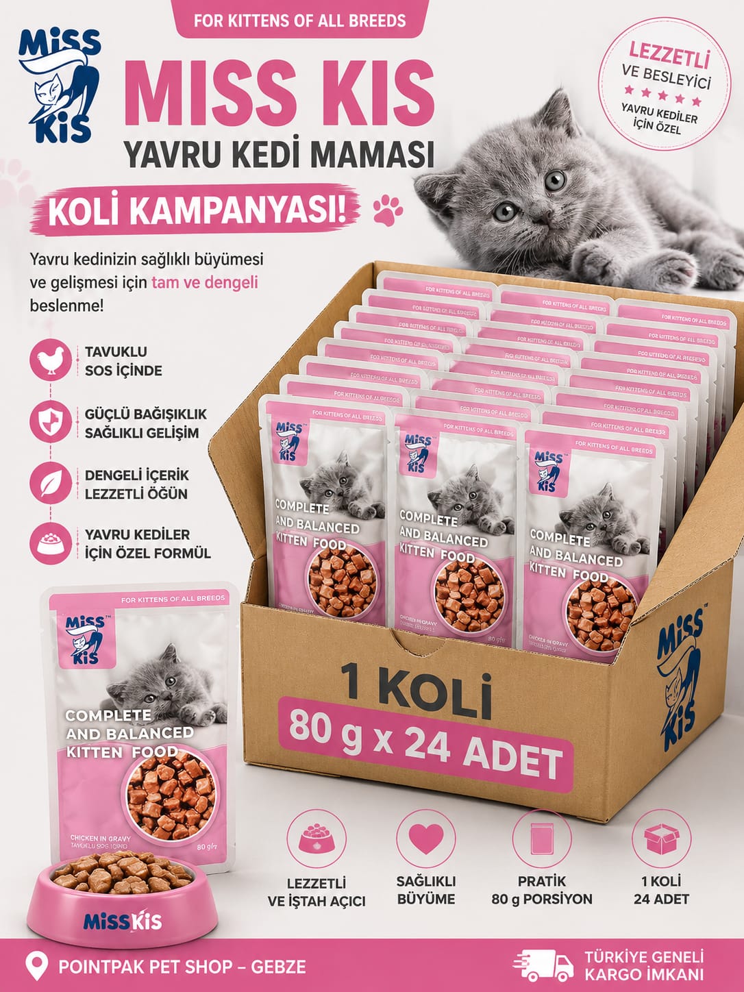 Miss Kis Tavuklu Yavru Kedi Yaş Maması – 80 g x 24 Adet Koli Kampanyası