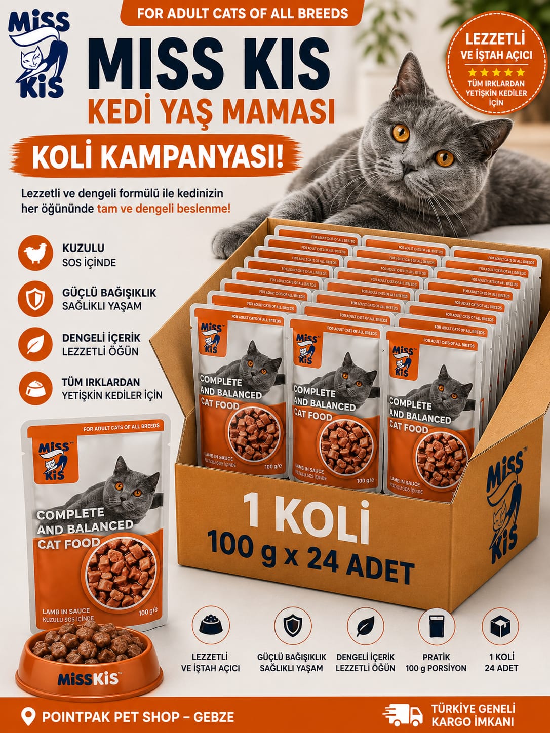 Miss Kis Kuzulu Yaş Kedi Maması – 100 g x 24 Adet Koli Kampanyası